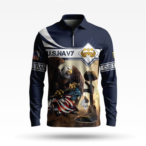 1 Navy Badge Proudly Served US Veteran Long Zip Polo